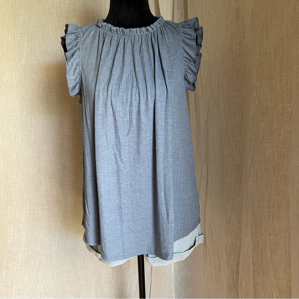 Blue Ruffled Sleeveless Cotton Blouse